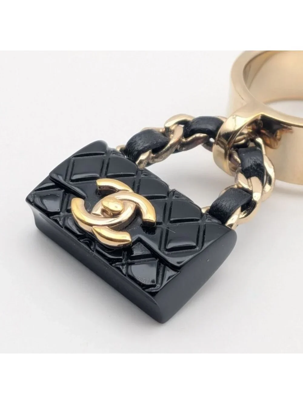 Chanel Ring CC Logo Turnlock Quilted Leather Bag Motif Black Gold
